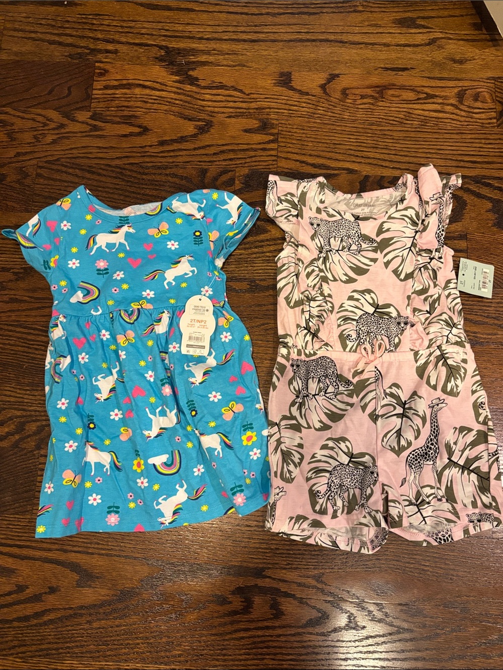 NWT wonder nation Blue Unicorn Dress & okie dokie Pink Jungle Romper Set